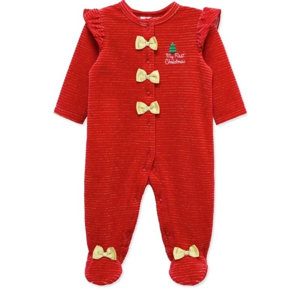 Little Me - Red and Gold Bow Holiday Velour in 3 Months